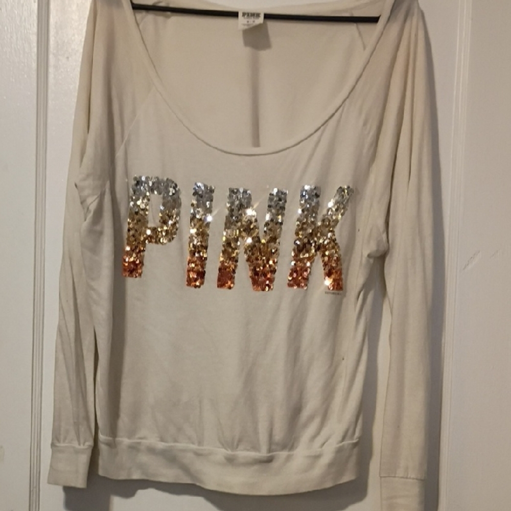 PINK Victoria's Secret Cream Sweatshirt with Sequin Logo